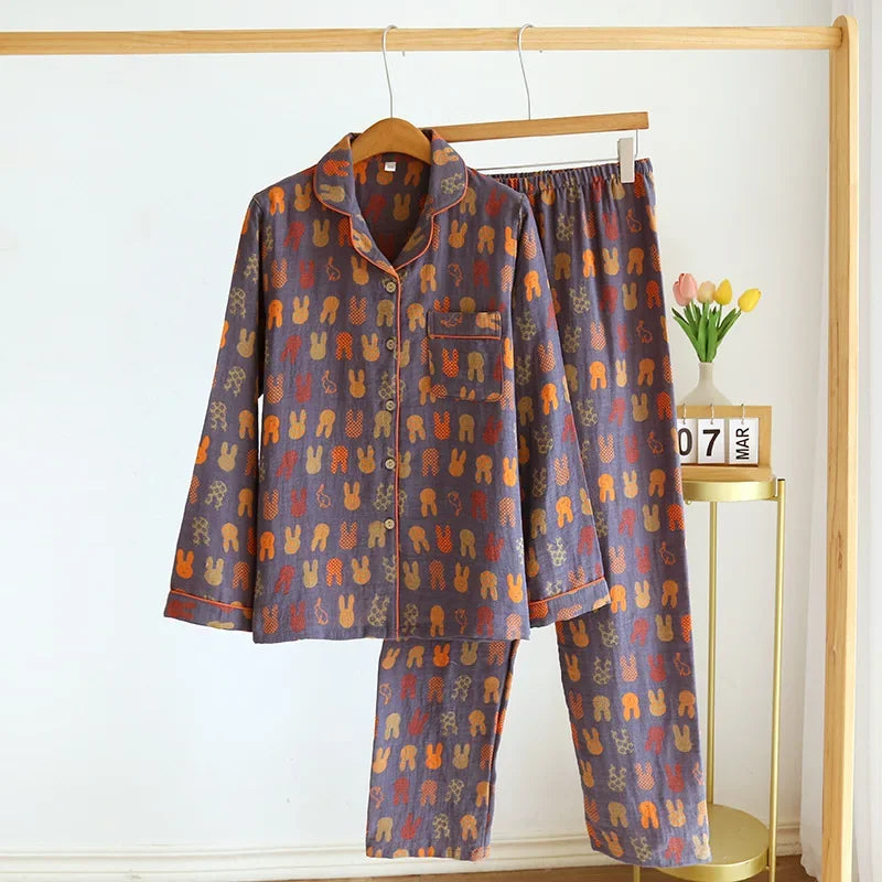 Saviig Cotton Couple Pajama Set: Long Sleeve Top and Pants for Men and Women